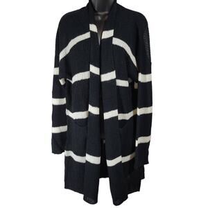 Fantastic‎ Fawn Black White Stripe Open Front Long Cardigan Sweater Women M